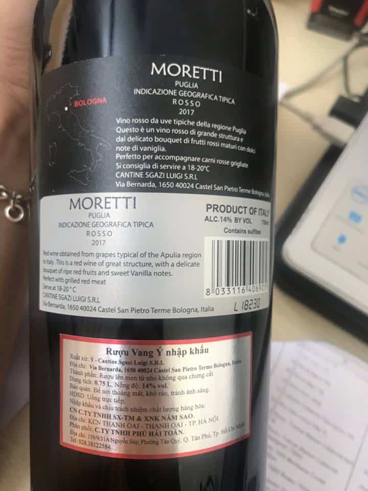 Rượu Vang Moretti mặt sau