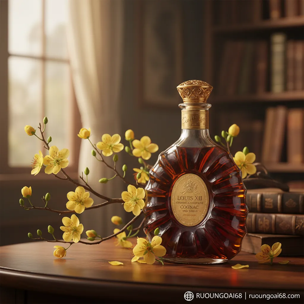 2. Chai cognac cổ điển bên cành mai vàng