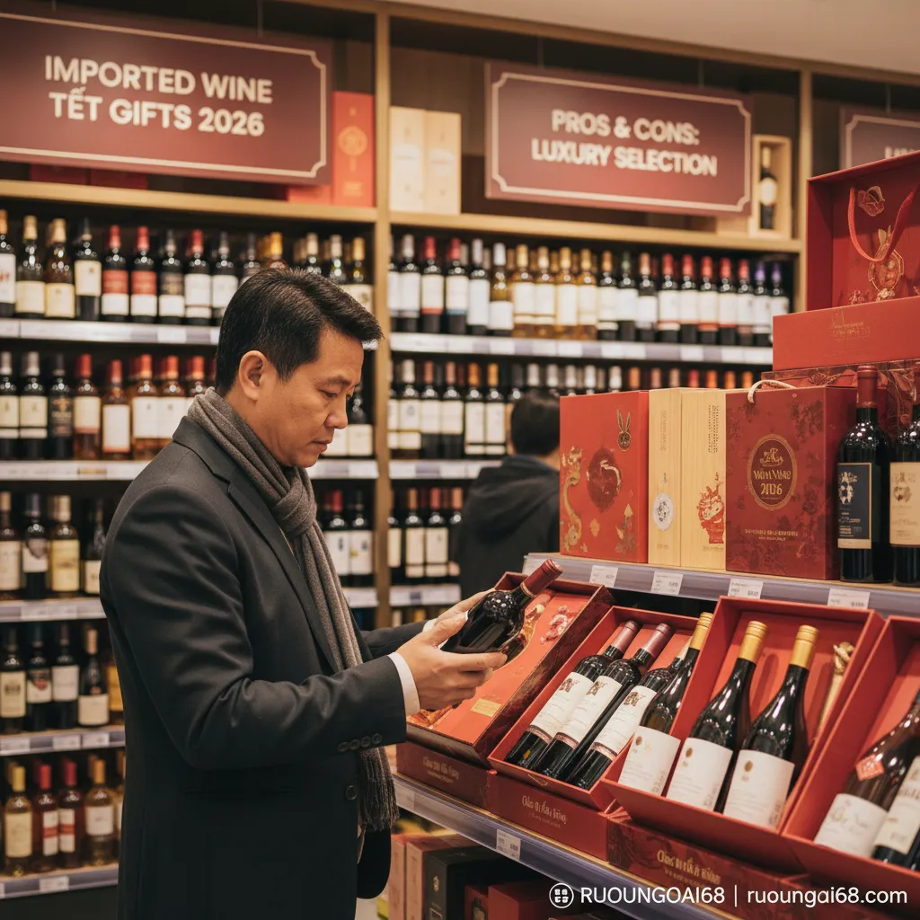 Ưu & nhược điểm của hộp quà rượu nhập khẩu cho Tết 2026 2. Cận cảnh người mua hàng đắn đo trước kệ trưng bày rượu Tết 2026.