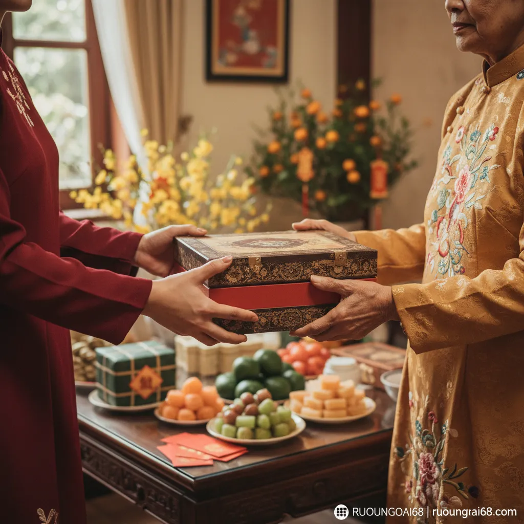 Ưu & nhược điểm của hộp quà rượu nhập khẩu cho Tết 2026 3. Bàn tay người trẻ trao hộp rượu cho người lớn tuổi trong không khí Tết.