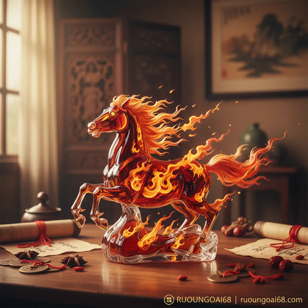Ý nghĩa phong thủy của rượu linh vật ngựa 2026 1. Hỏa Mã Bính Ngọ rực lửa trong chai rượu pha lê.