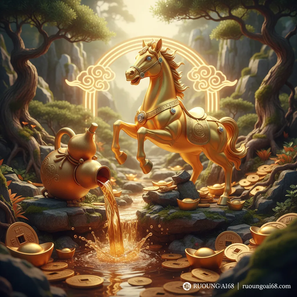 Ý nghĩa phong thủy của rượu linh vật ngựa 2026 2. Linh vật Ngựa vàng trấn giữ dòng rượu tài lộc.