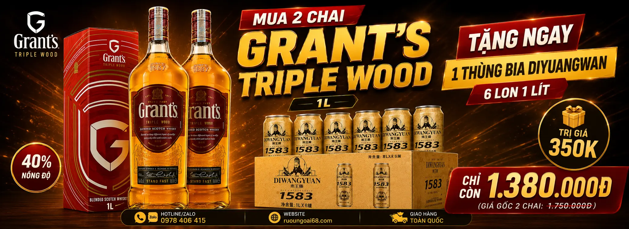Rượu Ngoại 68 Banner Khuyến mại Grants Triple Wood 1L