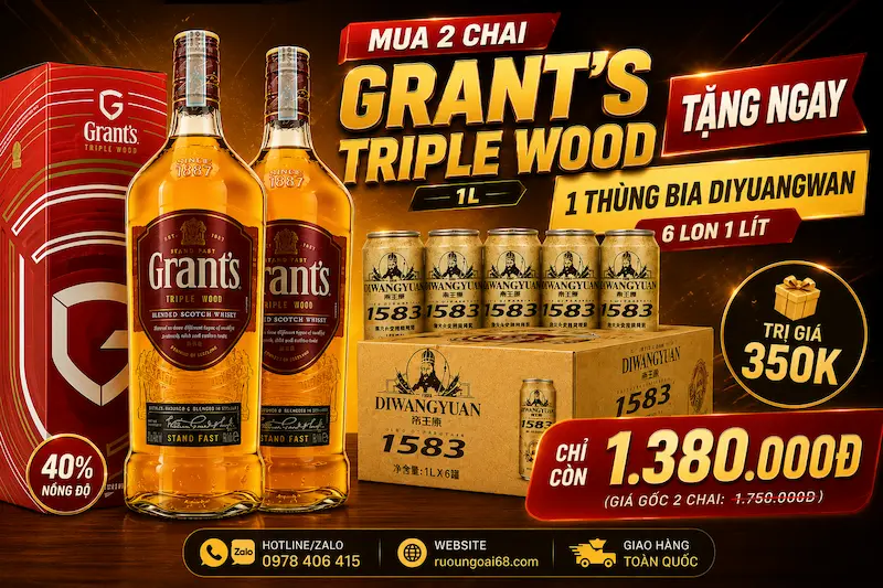 Mua 2 chai Grant's Triple Wood 1L – Tặng ngay 1 thùng bia Diyuangwan 1583 (6 lon 1L) | Giá chỉ 1.380.000đ Khuyến mại rượu grants triple wood 1 lít
