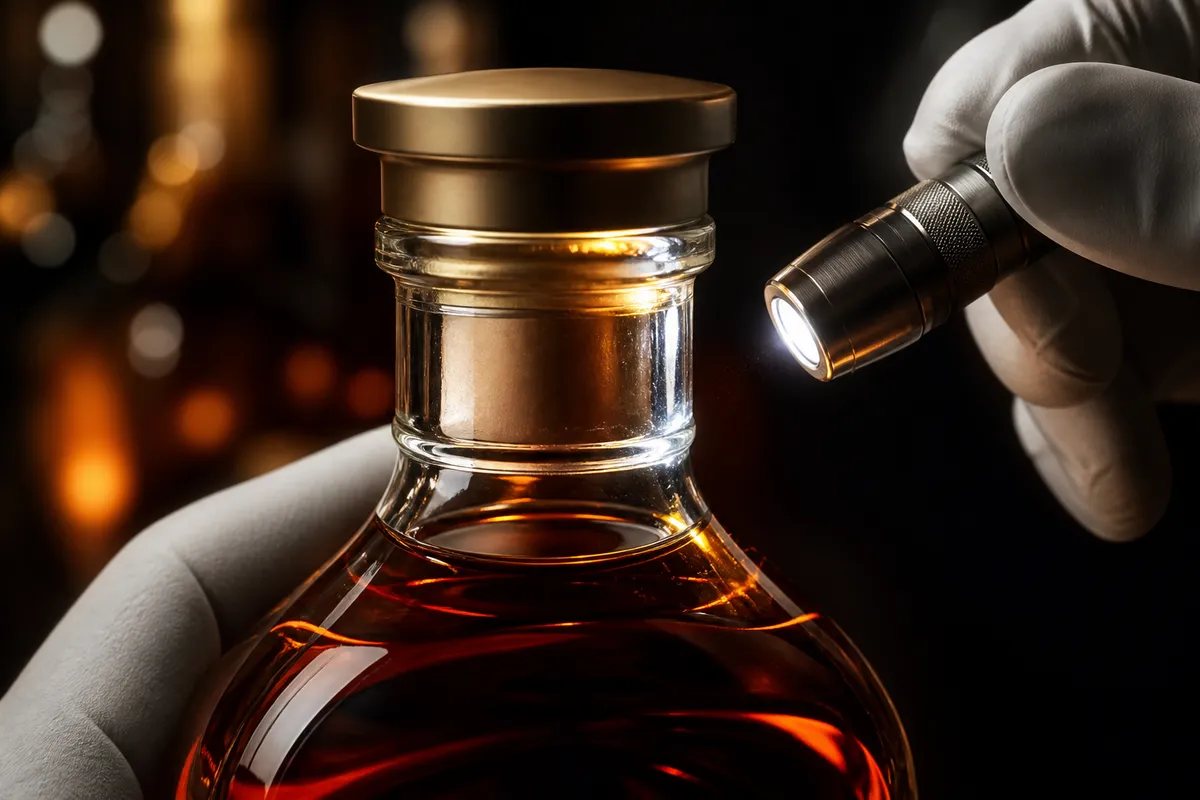 Quan sát nắp chai và cổ chai cognac XO để phát hiện dấu hiệu đã mở