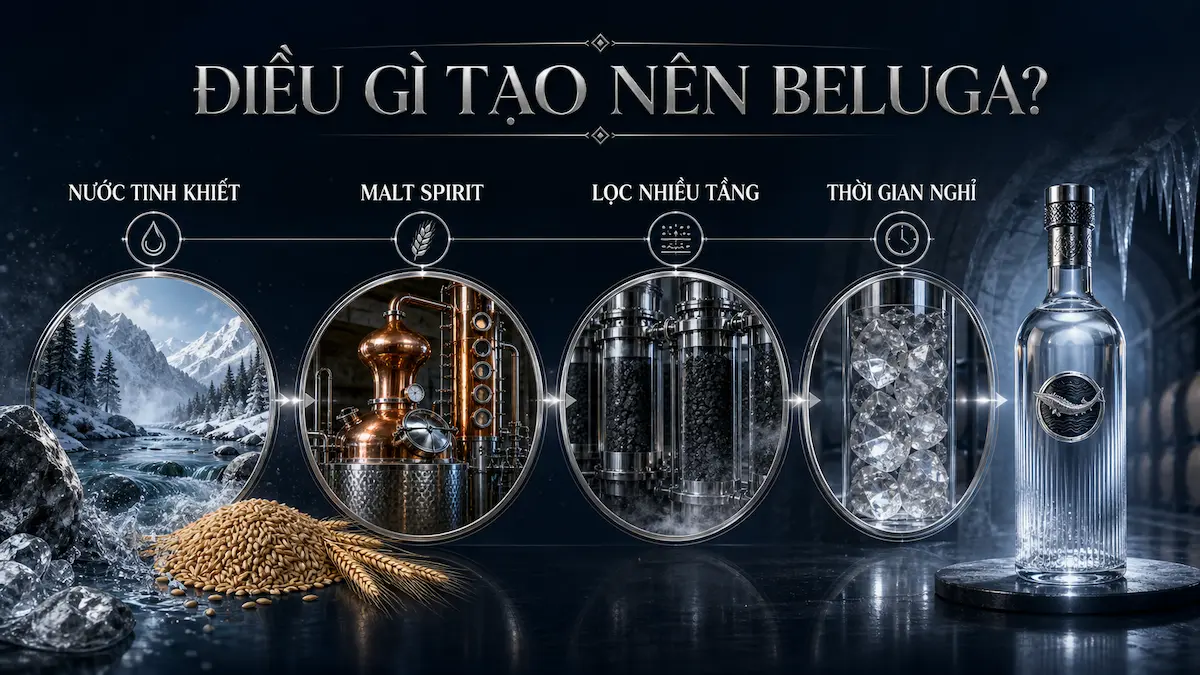 Quy trình sản xuất Beluga Vodka với nước tinh khiết, malt spirit và hệ thống lọc nhiều tầng