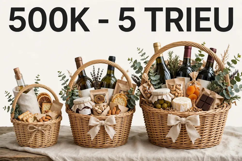 Giỏ Quà Tết Rượu Vang Doanh Nghiệp: Gợi Ý Theo Ngân Sách 500K–5 Triệu Ba giỏ quà vang kích thước khác nhau