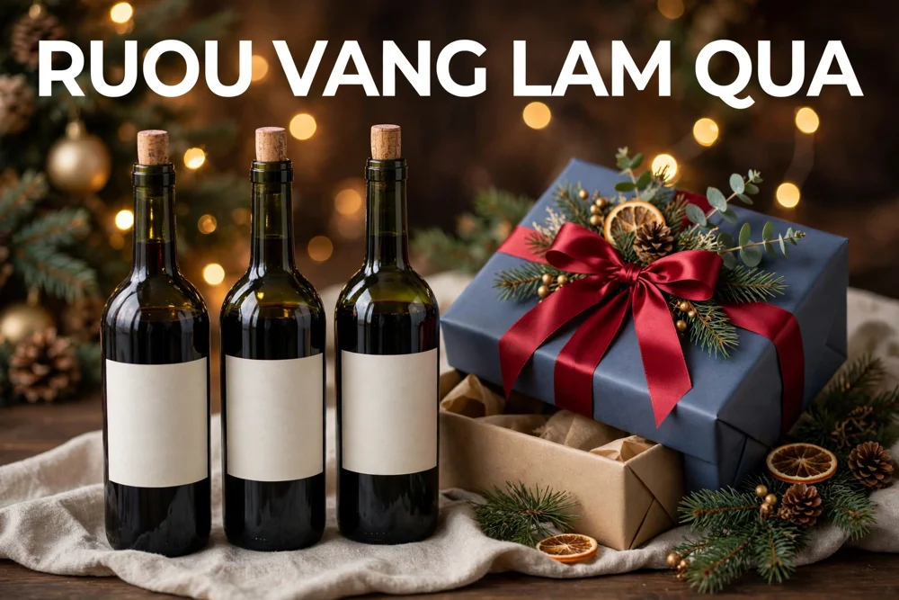 Giỏ Quà Tết Rượu Vang Doanh Nghiệp: Gợi Ý Theo Ngân Sách 500K–5 Triệu Chai vang đỏ và hộp quà kèm nơ đỏ