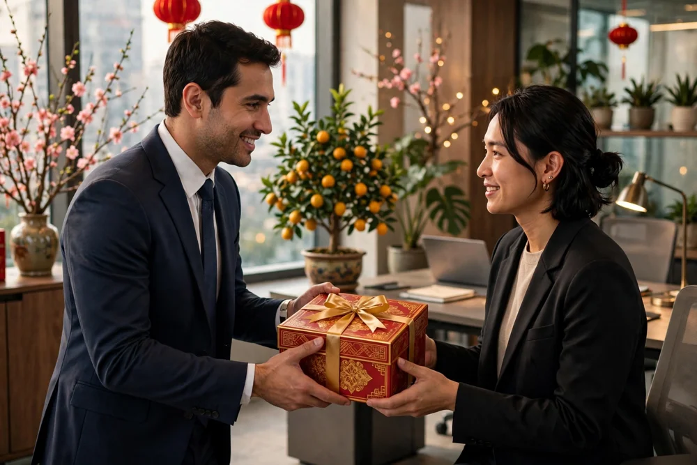 Trao hộp quà Tết đỏ trong văn phòng dịp cuối năm