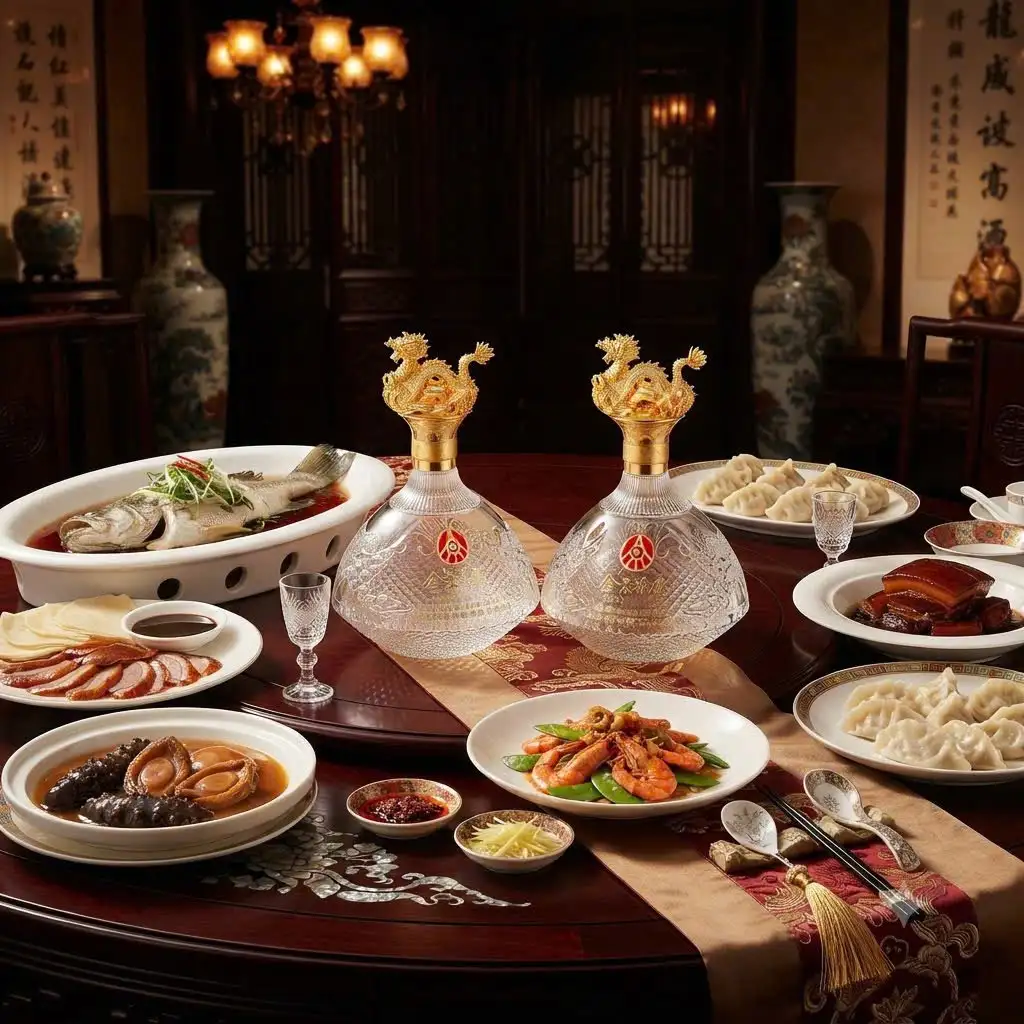 Rượu Ngũ Lương Dịch Kim Chi Ngọc Diệp Rượu Ngũ Lương Dịch Kim Chi Ngọc Diệp trên bàn tiệc sang trọng