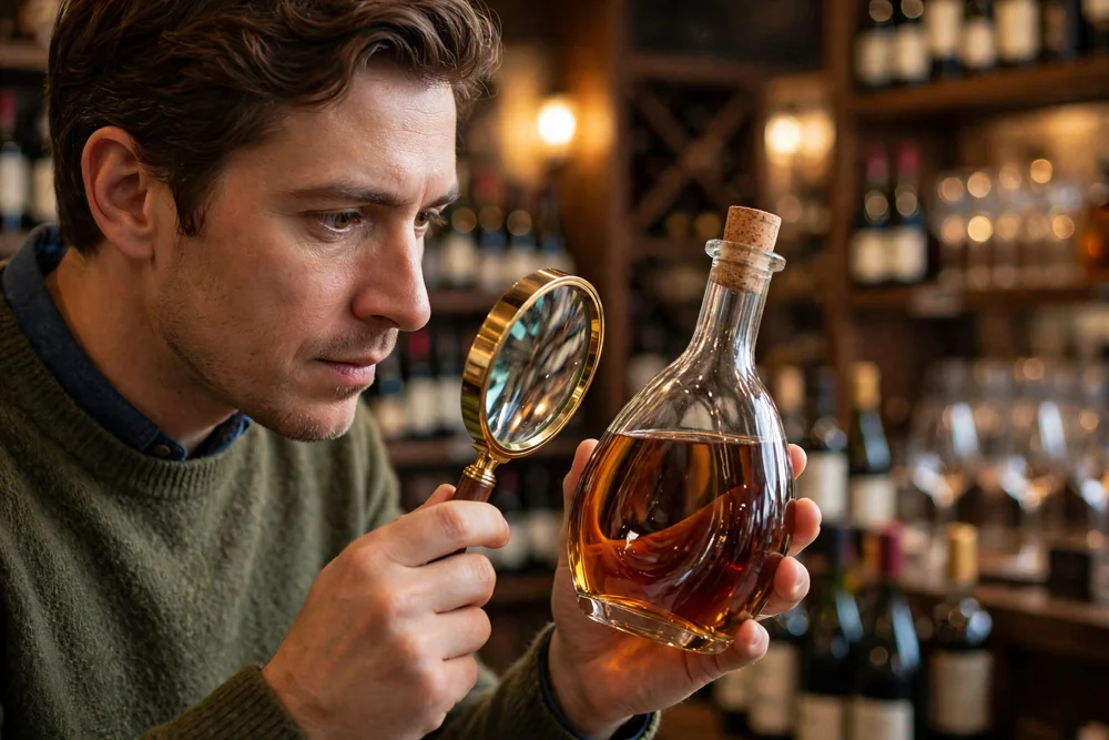 Cách Phân Biệt Hennessy Thật Giả: 7 Điểm Nhận Biết Chi Tiết Kiểm tra chai cognac bằng kính lúp tại cửa hàng rượu