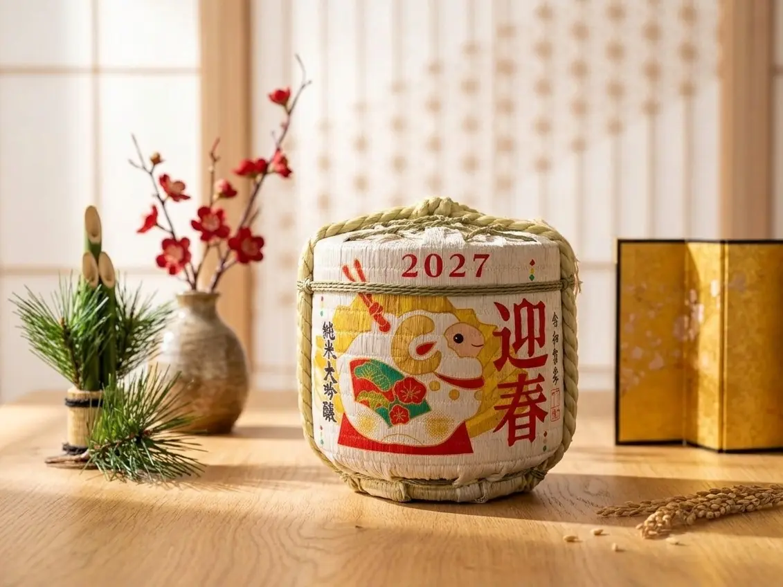 Rượu Sake Cói Đinh Mùi 2027 Thùng sake cói Đinh Mùi 2027 trang trí ngày Tết