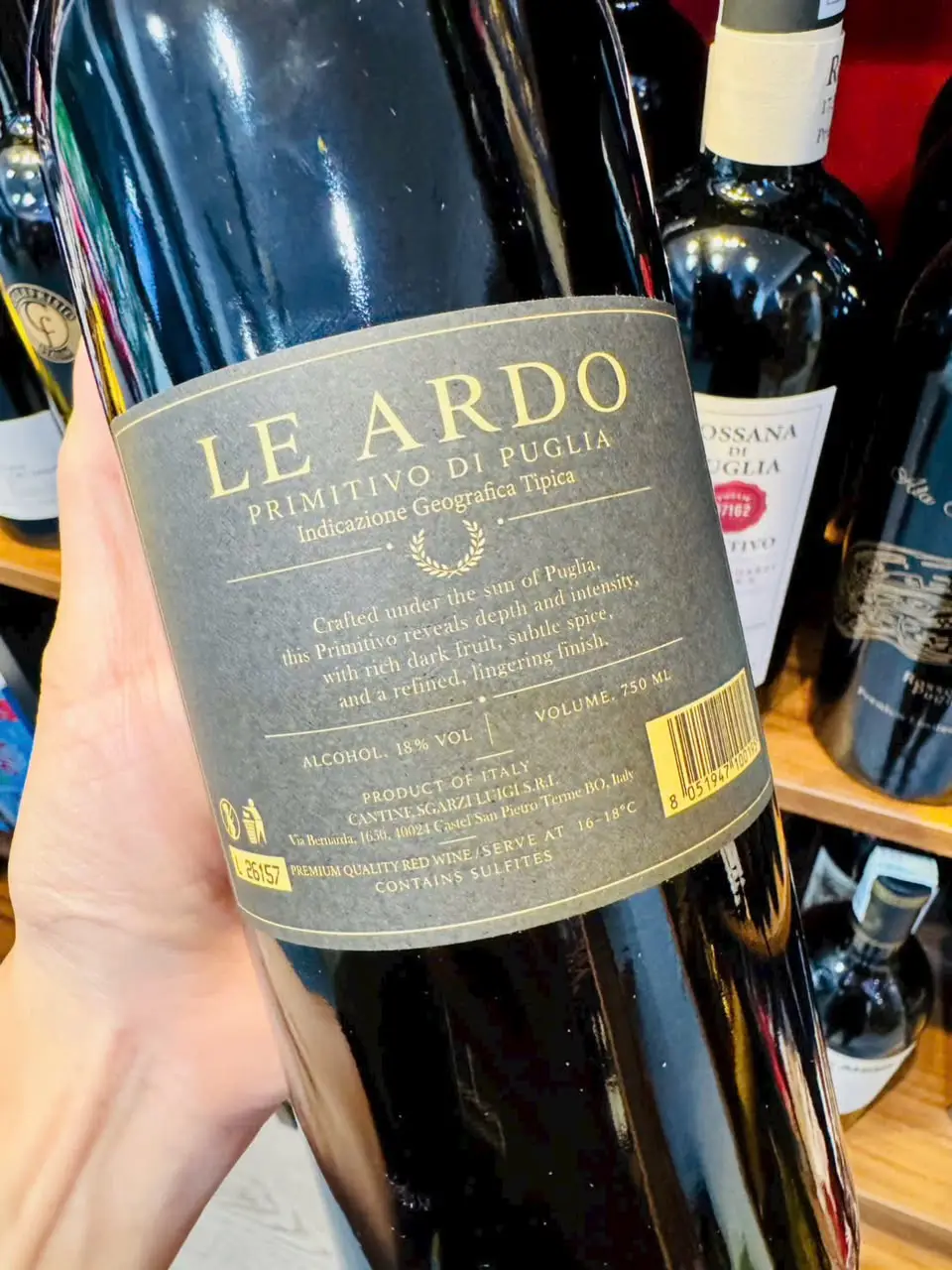 Rượu Vang Đỏ Le Ardo Primitivo Puglia Limited Edition Nhãn sau rượu Le Ardo Primitivo di Puglia: Cantine Sgarzi Luigi, 18% vol, 750ml