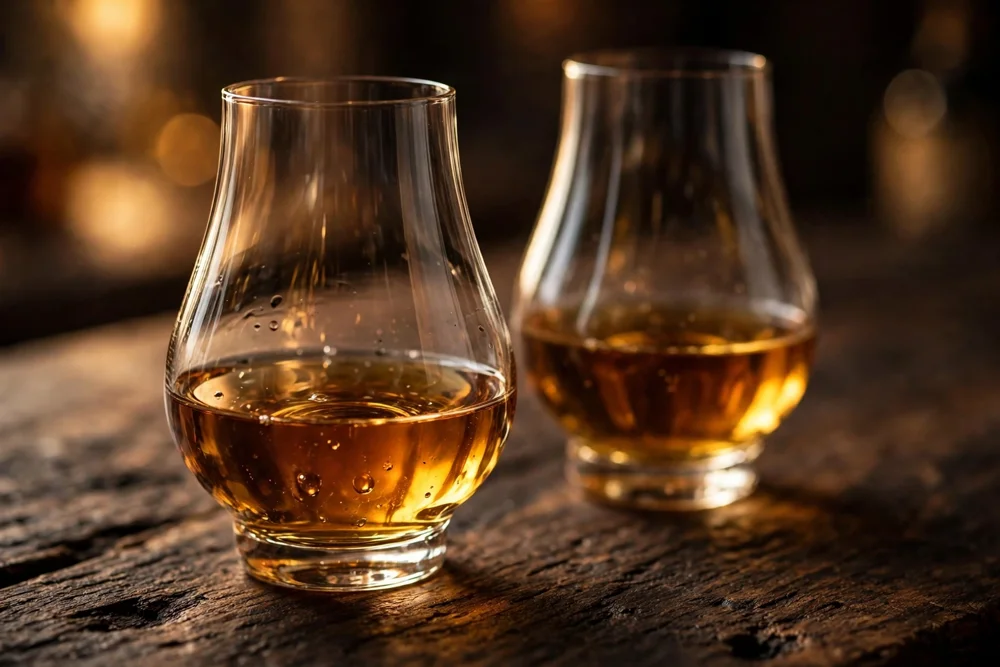 So Sánh Chivas 18 Và Johnnie Walker Blue: Nên Chọn Loại Nào Làm Quà Tết? Ly whisky vàng hổ phách trên bàn gỗ