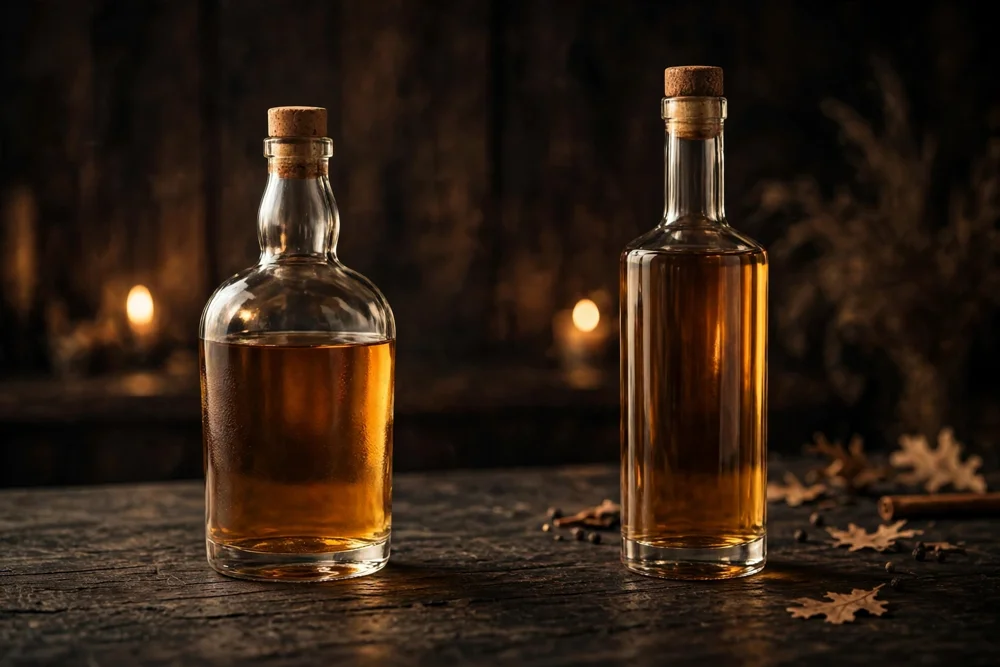 So Sánh Chivas 18 Và Johnnie Walker Blue: Nên Chọn Loại Nào Làm Quà Tết? Hai chai whisky đối mặt nhau trên bàn tối